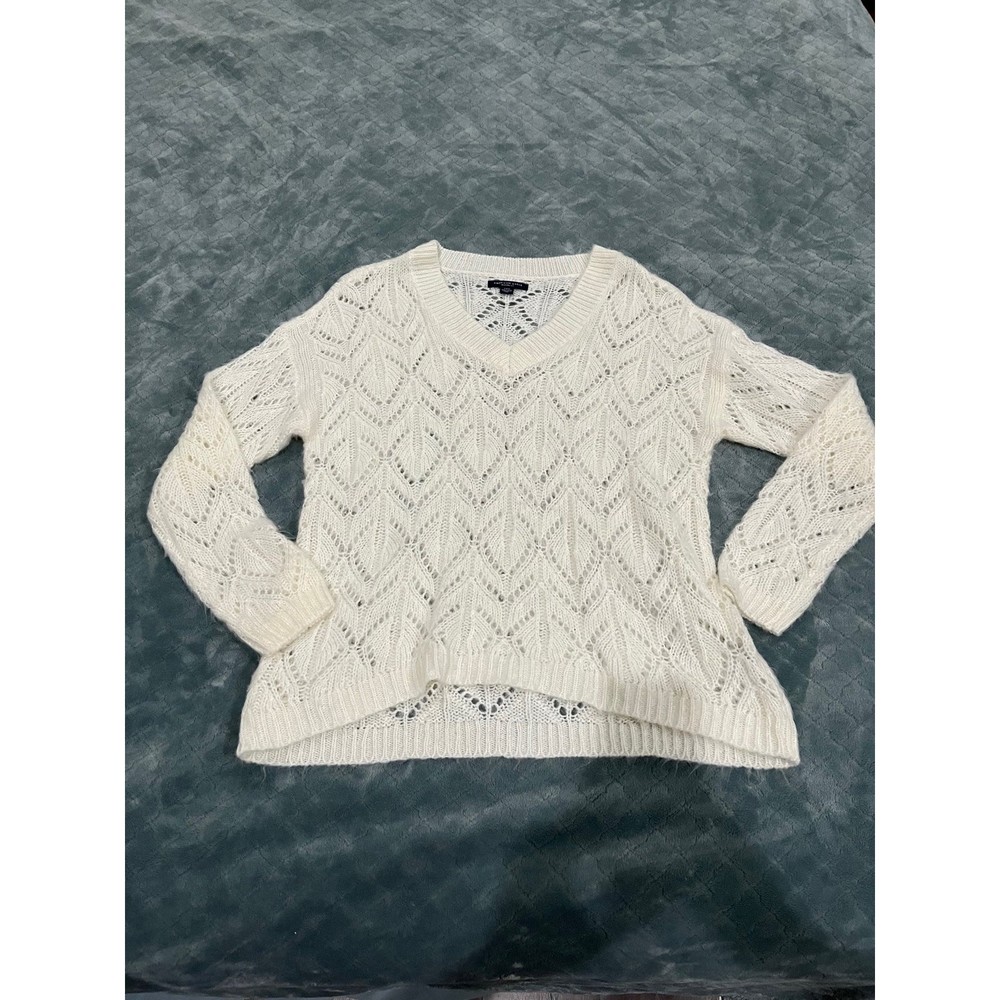 American Eagle Jegging Fit Sweater Cream‎ White Pointelle V-Neck Knit Small